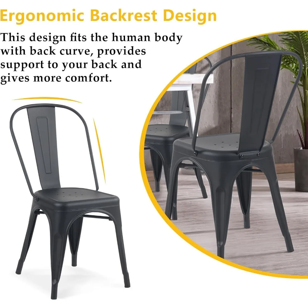 Metal Dining Chairs Set of 4 Iron Stackable Removable Back Cafe Side Patio Chairs Rubber Feet Stylish Modern Indoor