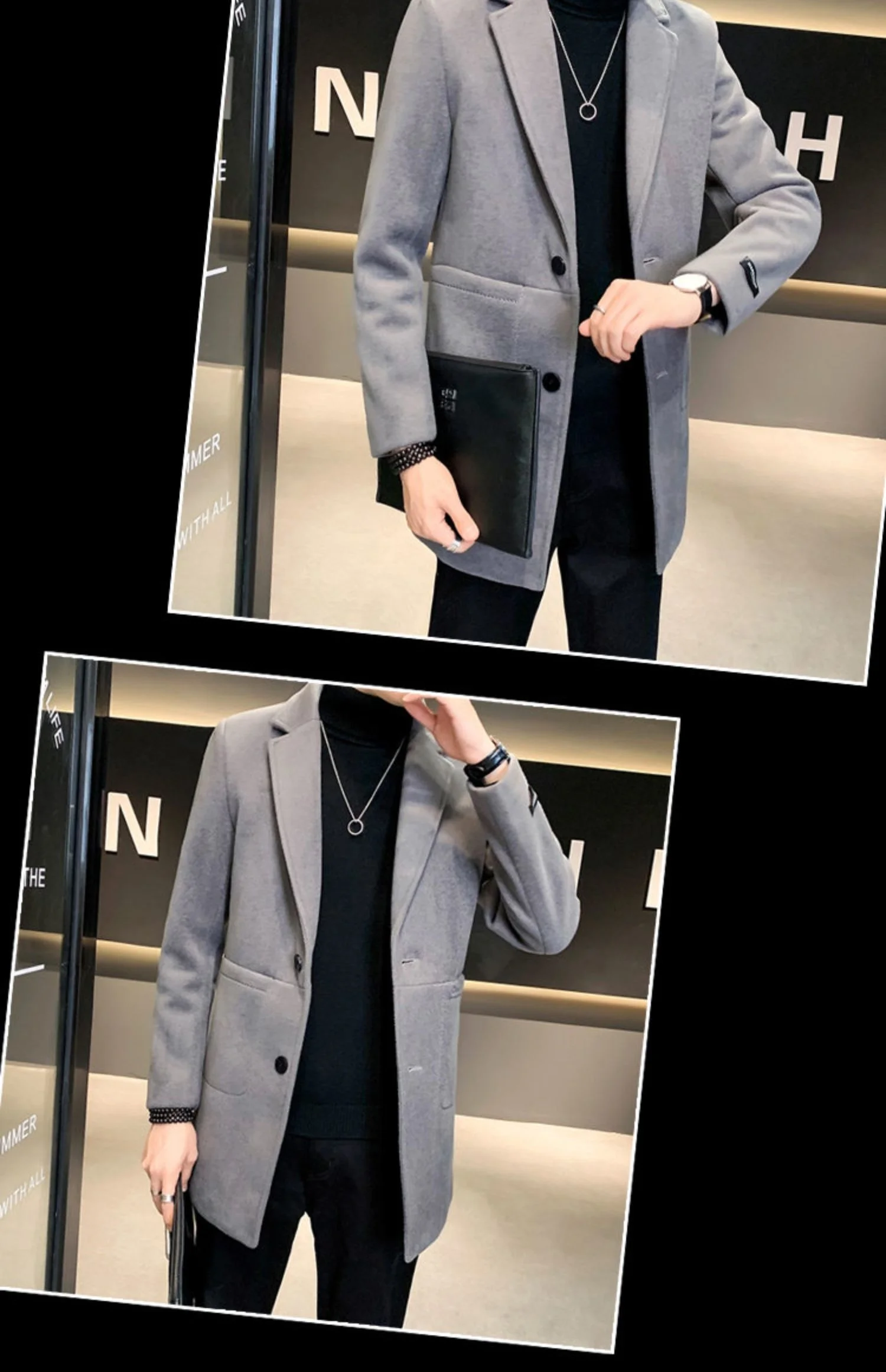 Description Picture 6 of item2023 Men's Windbreaker Jacket Autumn and Winter Wool Coat Pure Color Slim Fashion Long Woolen Large Size 4XL