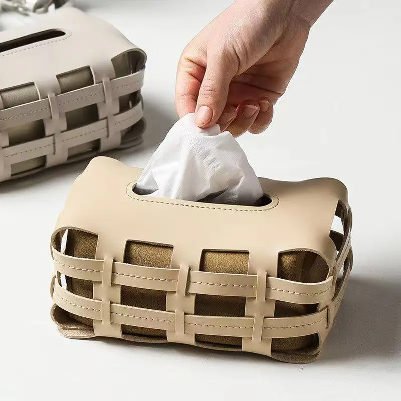 Nordic Luxury Leather Paper Holder Double Plaid Woven Tissue Box Luxury Desktop Napkin Organizer Home Creative Handkerchief 5