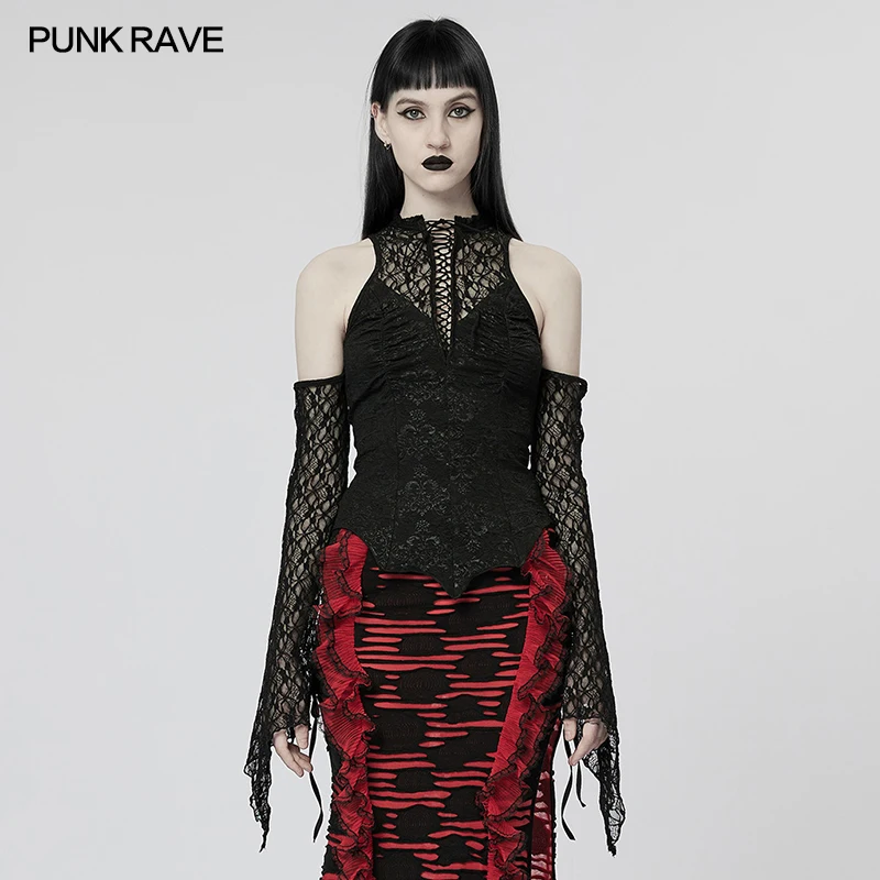 

PUNK RAVE Women's Gothic Tops Medium High Neck Feather Decal Sexy Undercoat Punk Style Slim Simple Personality Black Tops