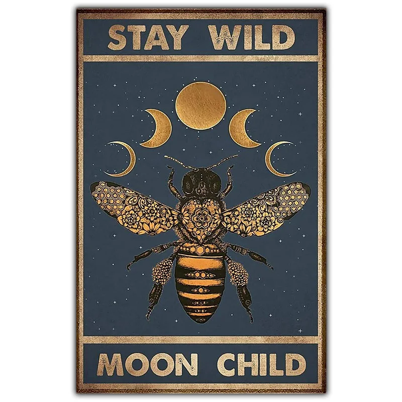 

Retro Art Bee White Horse Animal Canvas Painting Moon Child Fashion Slogan Wall Art Poster Living Room Home Metal Tin Sign