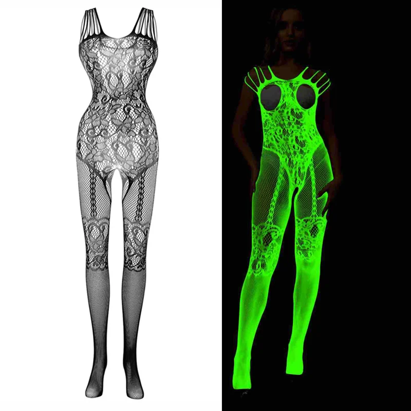 One Pieces Luminous Bodysuit Erotic Glowing Hollow Out Bodystockings Sexy Lingerie Mesh Body Mujer Transparente Sex Costumes women underwear sexy lingerie latex bodysuit