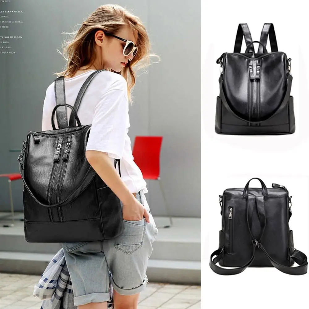 Women Soft School Leather Black Casual Multifunctional College Bag Large Capacity Shoulder Bags Travel Tote Backpack_voghion.com