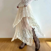 Lace Layered Skirt Vintage Y2K Boho Skirt Pants Fashion High Waist Asymmetrical A-line Skirt 2025 Korean Style Women's Clothing - Image 2