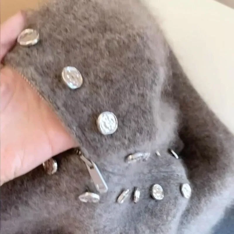 Luxury Fluffy Knitted Cardigan Sweater Design Double Breasted Sweater Coat Women Autumn High-end Lazy Zipper 2000s Y2k Knit Top