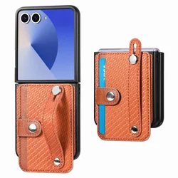 Carbon Fiber Kickstand Wallet Case with Wristband - Galaxy Z Flip7 FE (Brown)