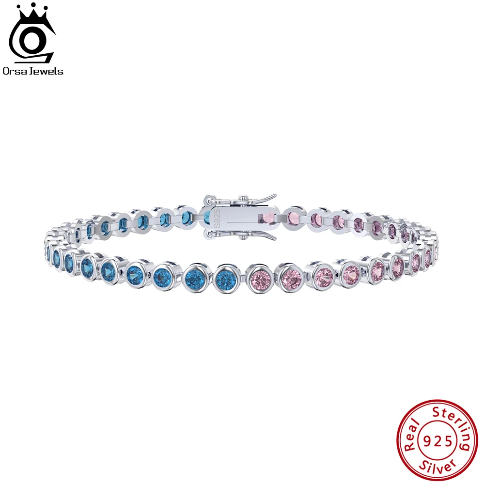 

ORSA JEWELS 925 Sterling Silver 3.0mm Blue&Pink Tennis Bracelet Luxury Bazel Setting CZ Chain Bracelet for Women Jewelry SB155