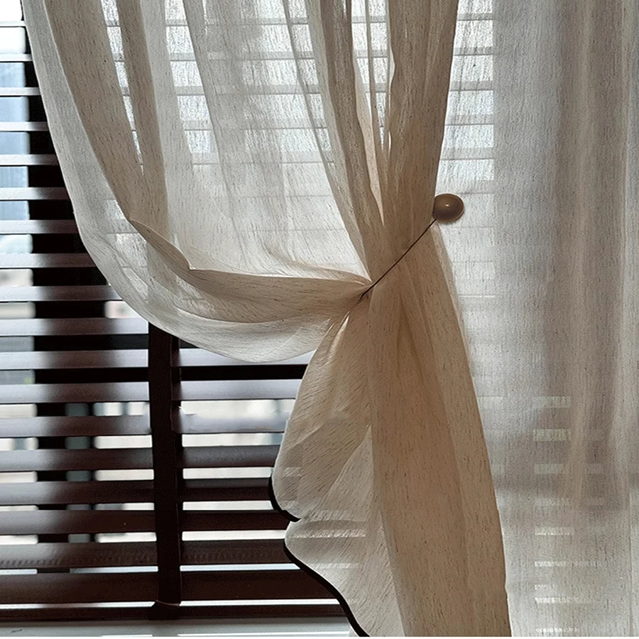 Taklit Düz Suni Keten Dokulu Sırf Tül Perdeler Siyah Kenar Şeritleri Dekor, Yatak Odası için Vintage Perdeler, Mutfak Vual