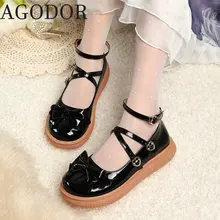 

AGODOR Black Lolita Shoes Wedge Heel Cross Strap Pumps for Women Shoes Heart Buckle Mary Janes Pumps for Girls Low Heel Pumps