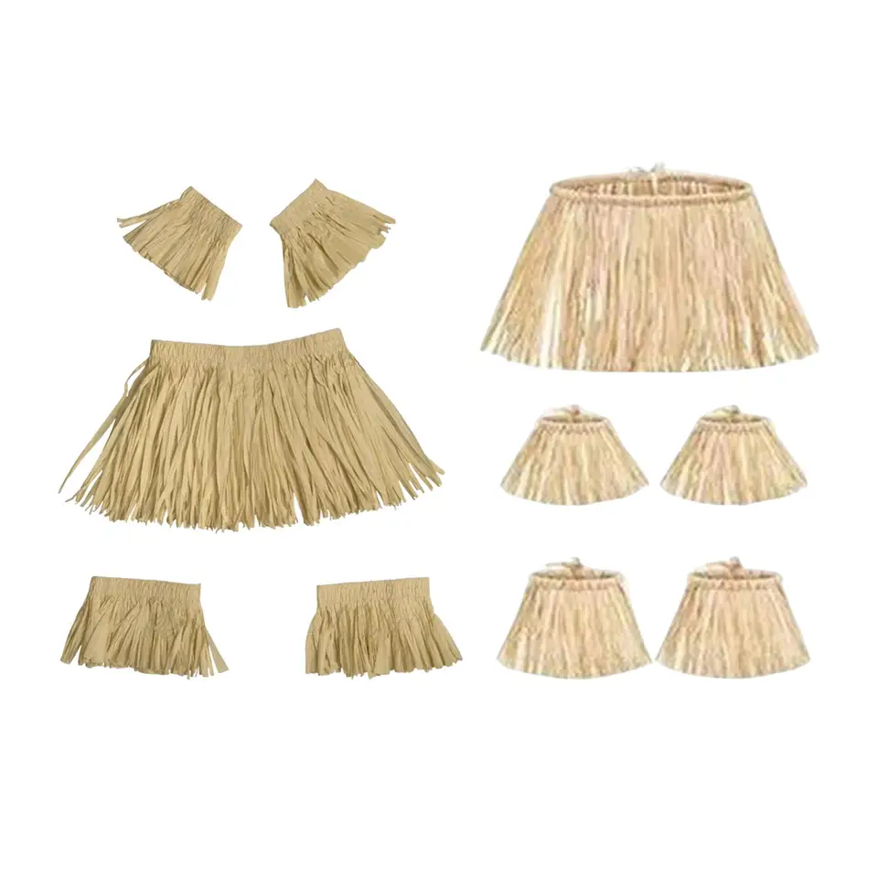 Kit Gonna Hawaiana Con Fiori - Foglia Verde, Collana, Braccialetti E Fascia, Per Feste A Tema Luau E Spiaggia