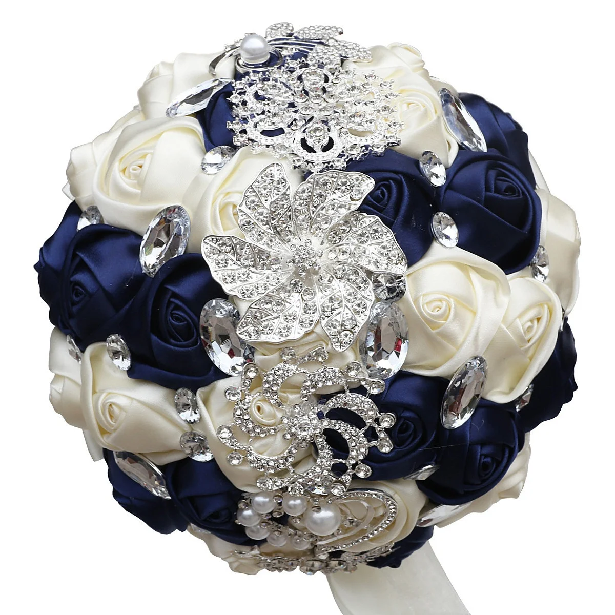 

Navy Blue and Ivory Hand Made Silk Bridal Holding Artificial Flowers with Rhinestone Pearls 18cm Luxury Round Wedding Bouquets