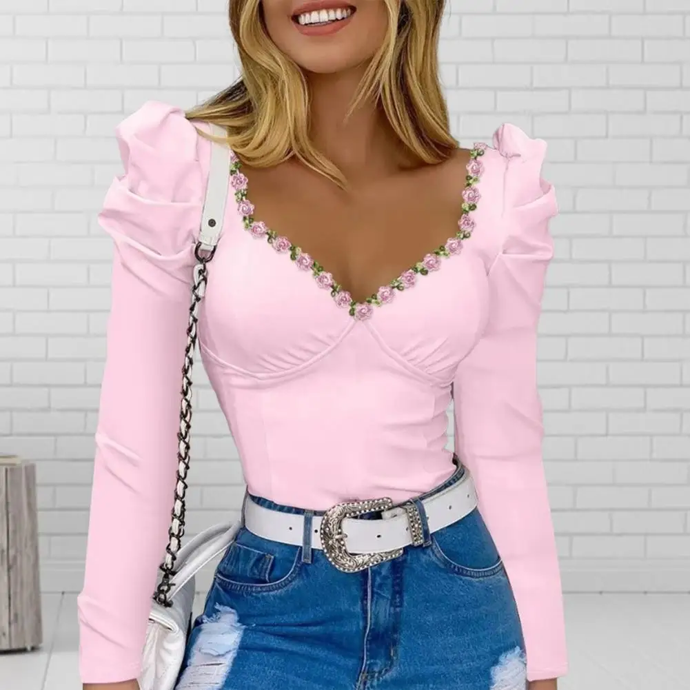 

Breathable Tee Shirt Floral Square Collar Puff Sleeve Tee Slim Fit Streetwear Top for Women Spring Summer Fashion Trend Lace