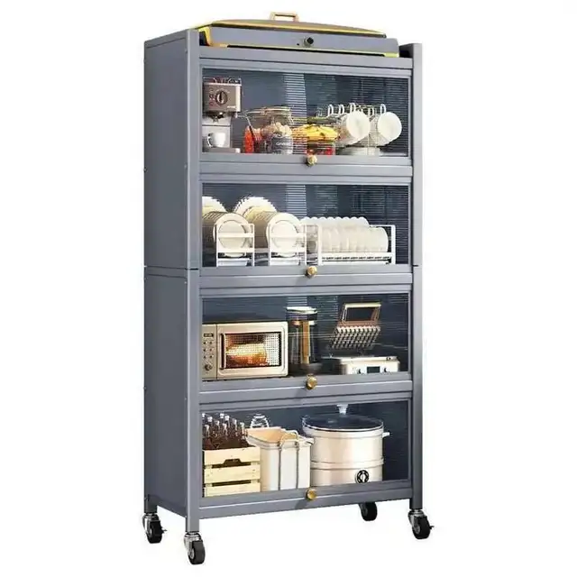 ตู้ครัวเหล็กคาร์บอนที่ทันสมัยหลายชั้นตู้เก็บของบ้านเตาอบไมโครเวฟอเนกประสงค์ชั้นวางของพร้อมประตูพลิก 3