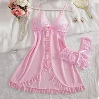 Un ensemble rose mignon femmes doux chemise de nuit et culotte Pijamas costume sans manches licou chemise de nuit ensembles courts col en v soutien-gorge string Kit de luxe 1