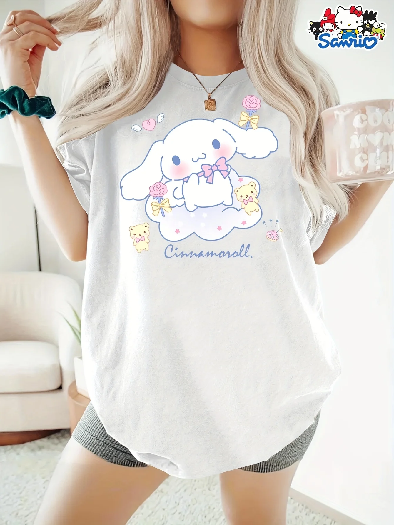 Sanrio cinnamoroll t camisa feminina masculina de algodão o-pescoço casual oversize manga curta solta streetwear roupas de moda summtert