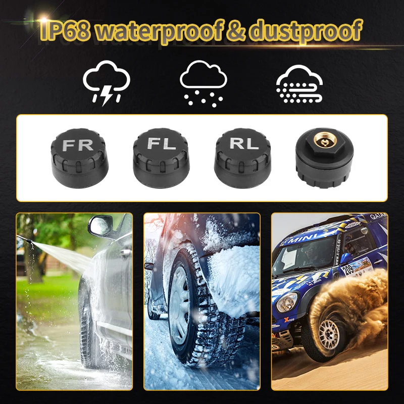 Srnubi Car TPMS Tire Pressure Alarm Monitoring System Tyre Sensor Solar Charge With Bracket 360 Adjustable IP68 Waterproof 6bar
