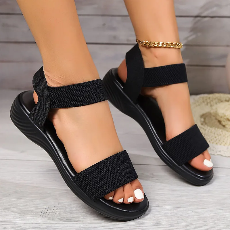 Summer Sandals Women Striped Knitted Strap Low Heels Sandals Elastic Bands Slip on Casual Shoes Slingback Open-toe Beach