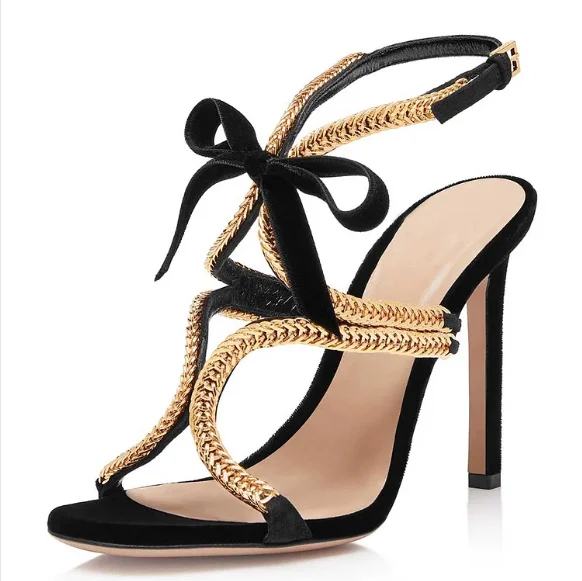 Open Toe Black & Gold Embellished High Heels Sandals with Bow Hollow Vintage Summer Slingback Dress Party Casual Shoes