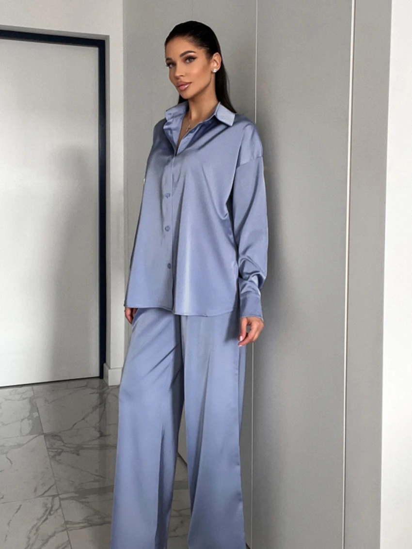 Marthaqiqi Casual Women Nightgown Set Turn-Down Collar Nightie Long Sleeve Sleepwear Wide Leg Pants Ladies Pajamas 2 Piece Suit