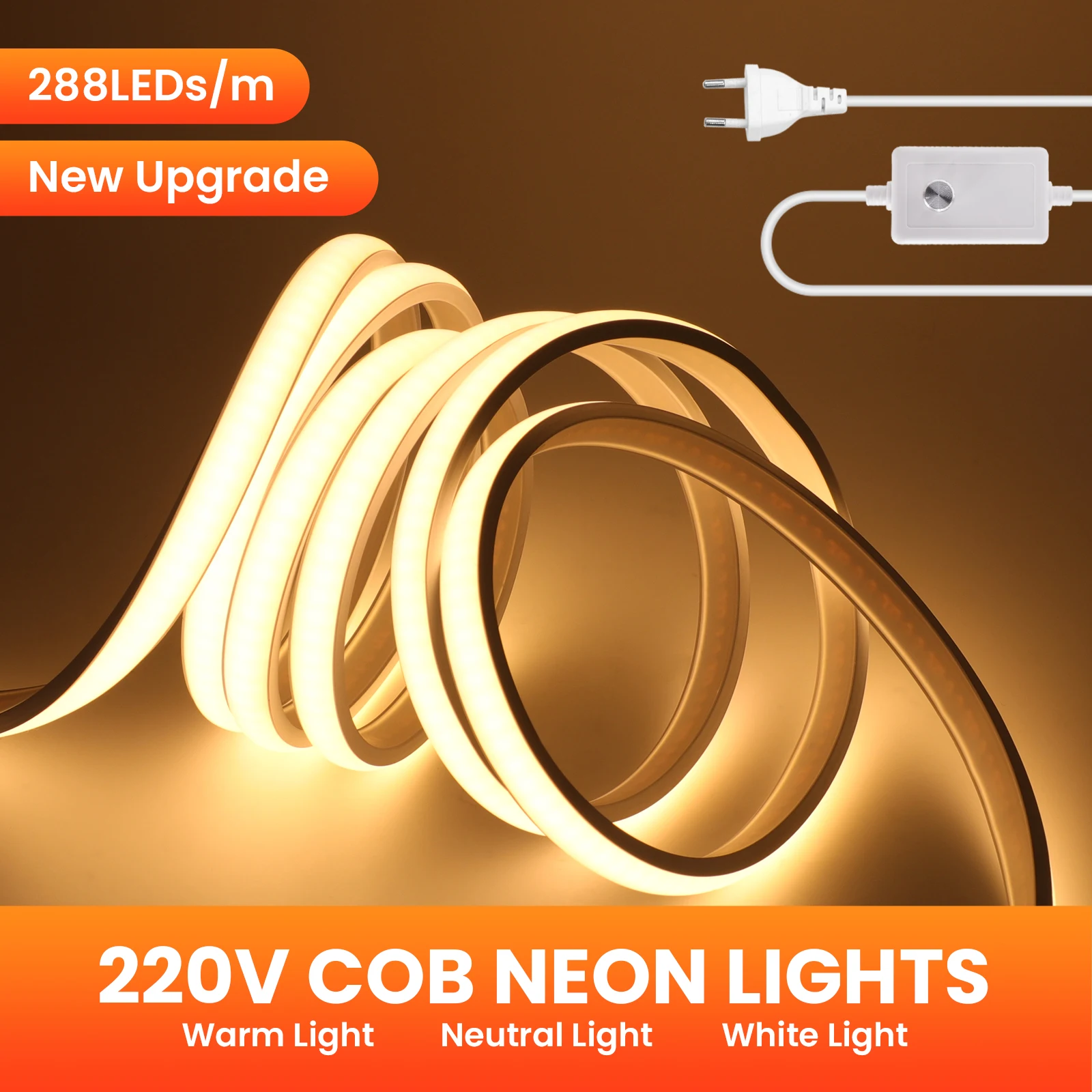 

Dimmable COB LED Strip Light 220V 288LEDs/M Flexible COB Lights Waterproof LED Tape Ribbon EU Plug for Bedroom Bedroom Decor