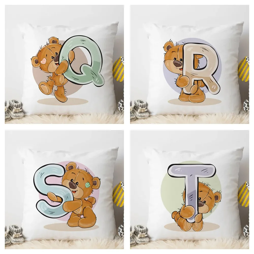 Cushion Cover Cute Cartoon Animal Water Color Q-Z English Letter Print for Children Room Soft 45x45cm
