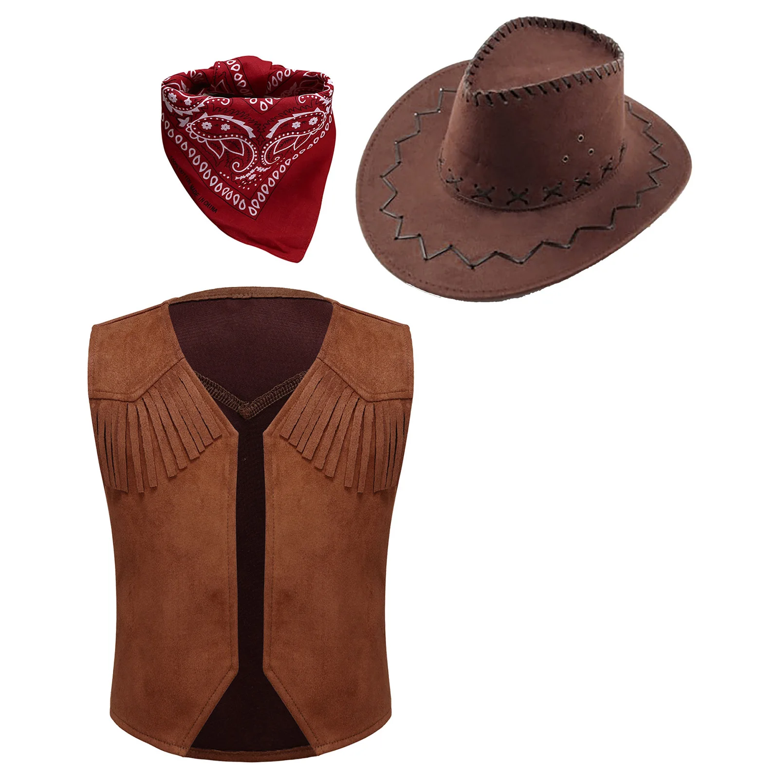 

Kids Boys Western Cowboy Vest with Bandanna and Hat for Cosplay Theme Party Performance Costume Fancy Dress Up Accessories