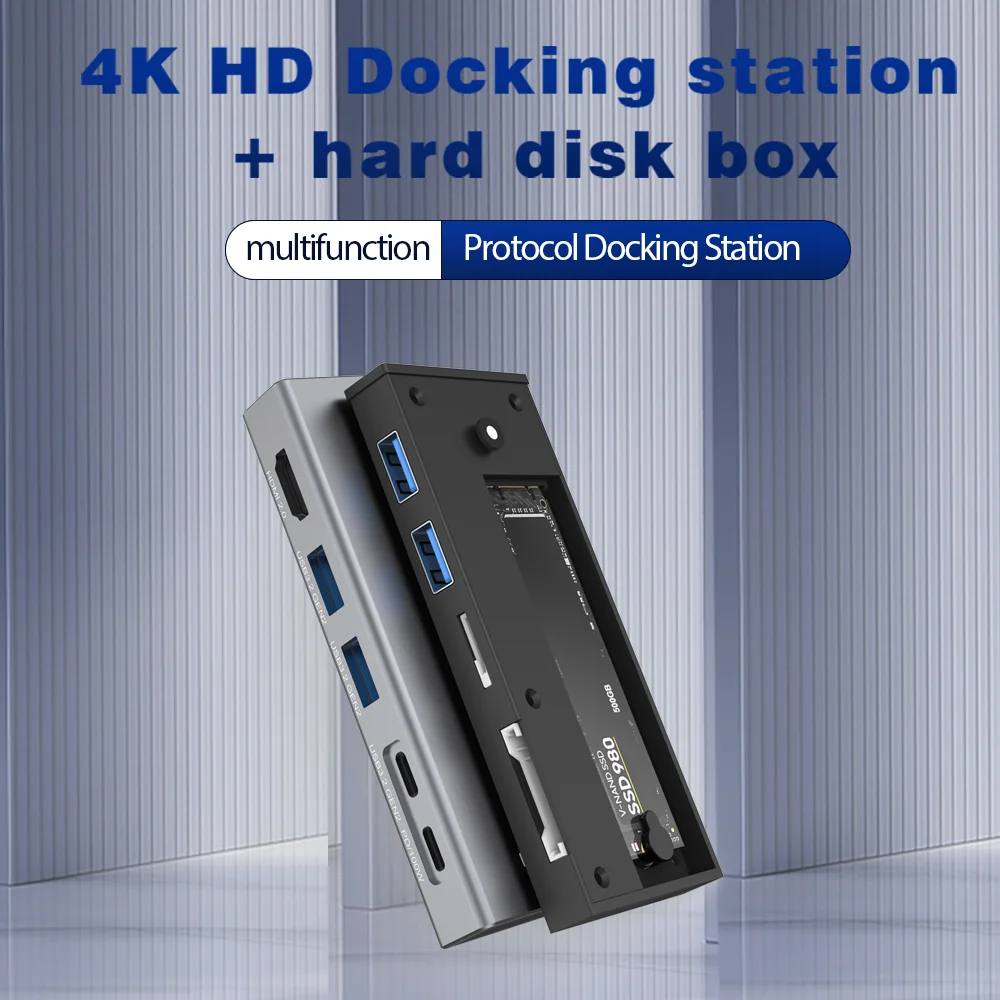SSD Enclosure Blueendless m2 sata or m.2 NVMe With USB C hub Laptop Docking Station 4K 60Hz HDMI-Com USB3.2 100W PD SDTF 10Gbps