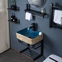 Ceramic Vessel Sink Wall-hang Lotus Pattern Sink With Stainless Steel Stand For Bathroom Balcony Wall Mounted Sink Wash Basin 2