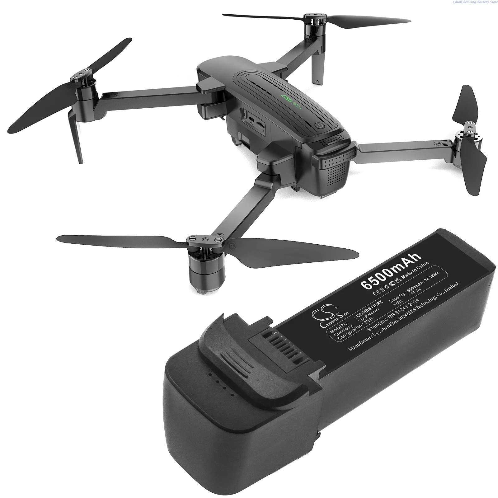 Batterie drone Hubsan Zino Pro Plus 11.4V 6500mAh en main, montrant sa taille compacte.