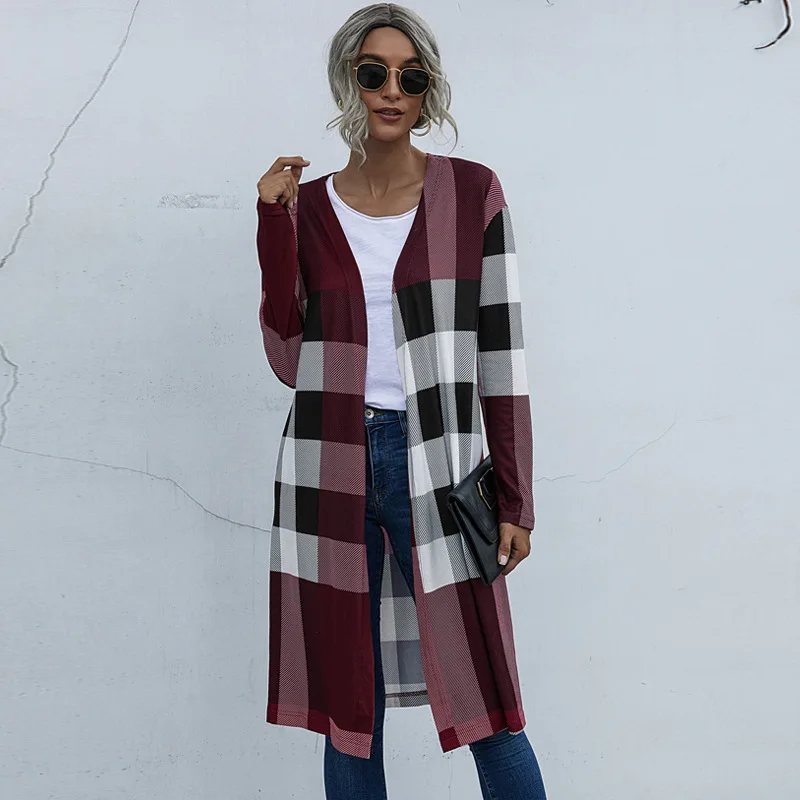 Check Long Cardigan Women Autumn Plaid 