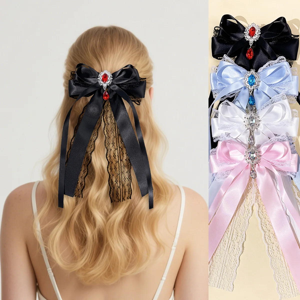 Elegante Haarspangen mit Edelstein-Spitze und Schleife, mehrfarbige Satin-Haaraccessoires für Damen, stilvolle Haarverzierung für Alltag, Party/Cosplay-Outfits – Detail 2