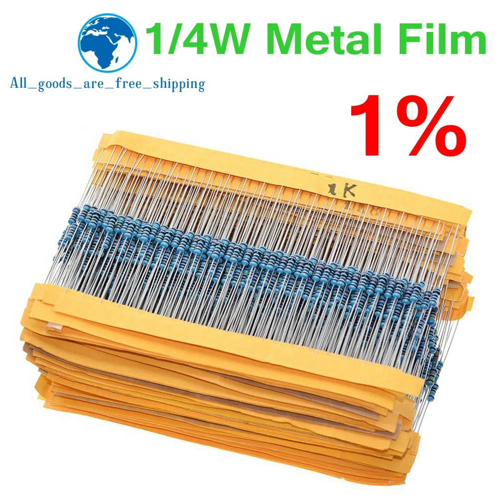 

TZT 100pcs 1/4W 1R~22M 1% Metal Film Resistor 100R 220R 1K 1.5K 2.2K 4.7K 10K 22K 47K 100K 100 220 1K5 2K2 4K7 Ohm Resistance