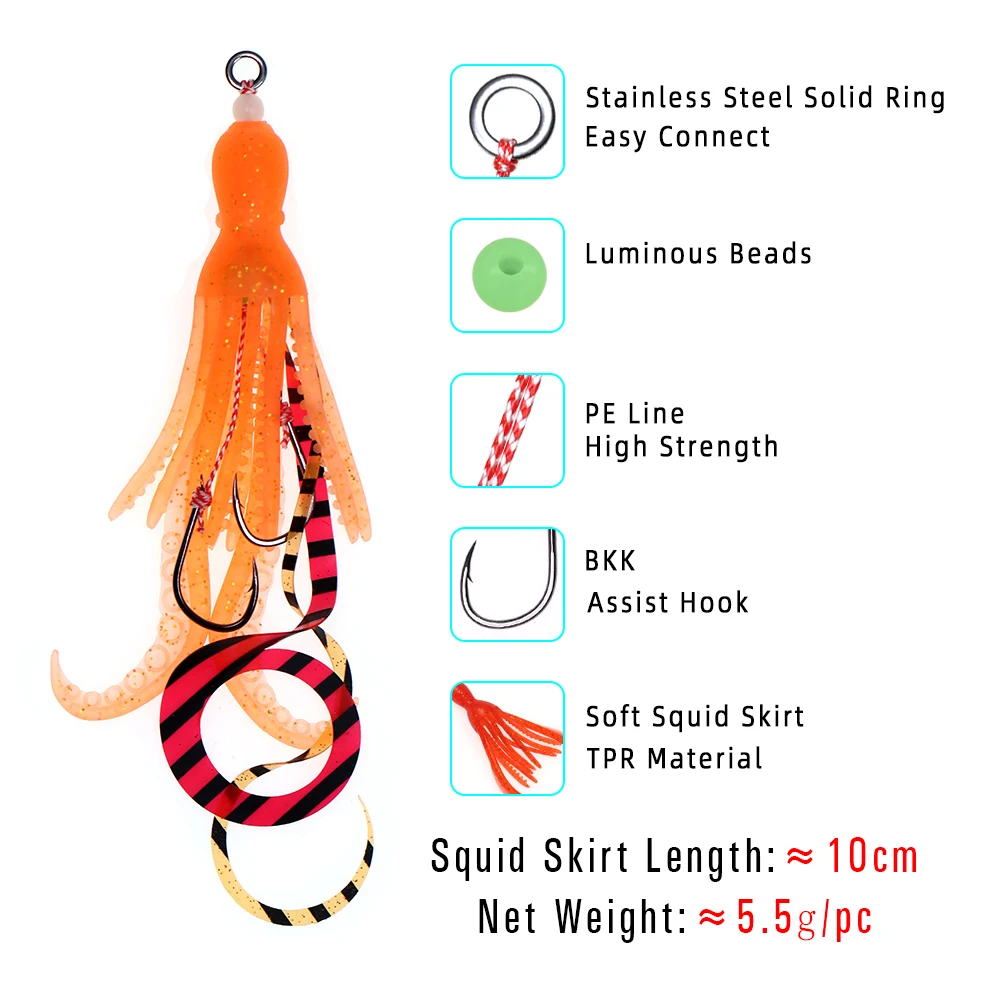 ICERIO Fishing Soft Lure UV Octopus Squid Skirt with Assist Hook Snapper Fishing Tackle Jigging Lure Baits