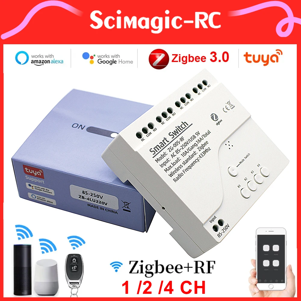 Nuovo Tuya Zigbee 220V Ricevitore Per Porta Del Garage 1/2/4Ch Rf Smart Switch 7-32V 85-250V Ac Dc Relè Interlock 10A Rf 433 Interruttore Della Luce