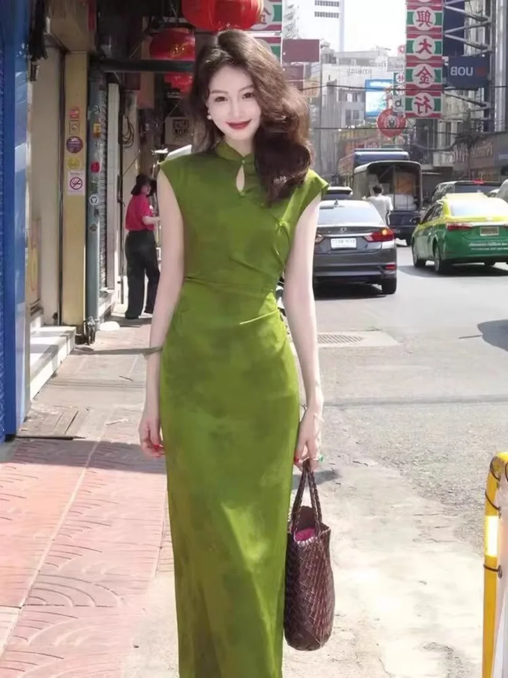 

Cheongsam Dress Daily Slim Slim Green Long Summer Niche Chinese New Chinese Young Style