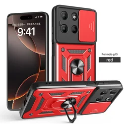 Rugged Armor Shockproof Case with Slide Camera Protector and Ring Holder for Moto G05 (Red)
