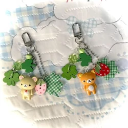 Rilakkuma Handmade Resin Clover Strawberry Charm - Vintage Kawaii Aesthetic Keychain & Bag Accessory (K - Rilakkuma - set)