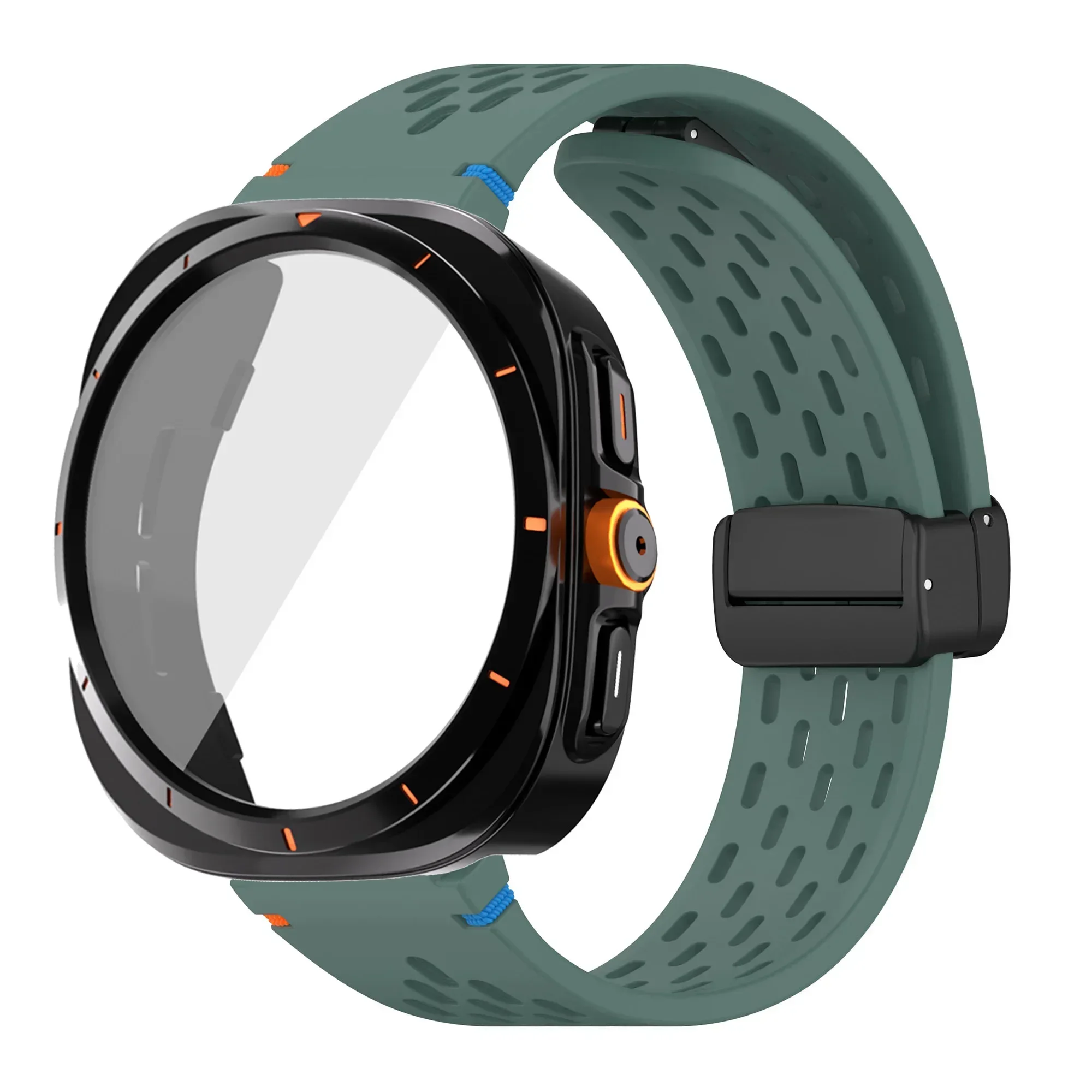 Silicone Magnetic Buckle Band with Tempered Glass Screen Protector and Case Strap