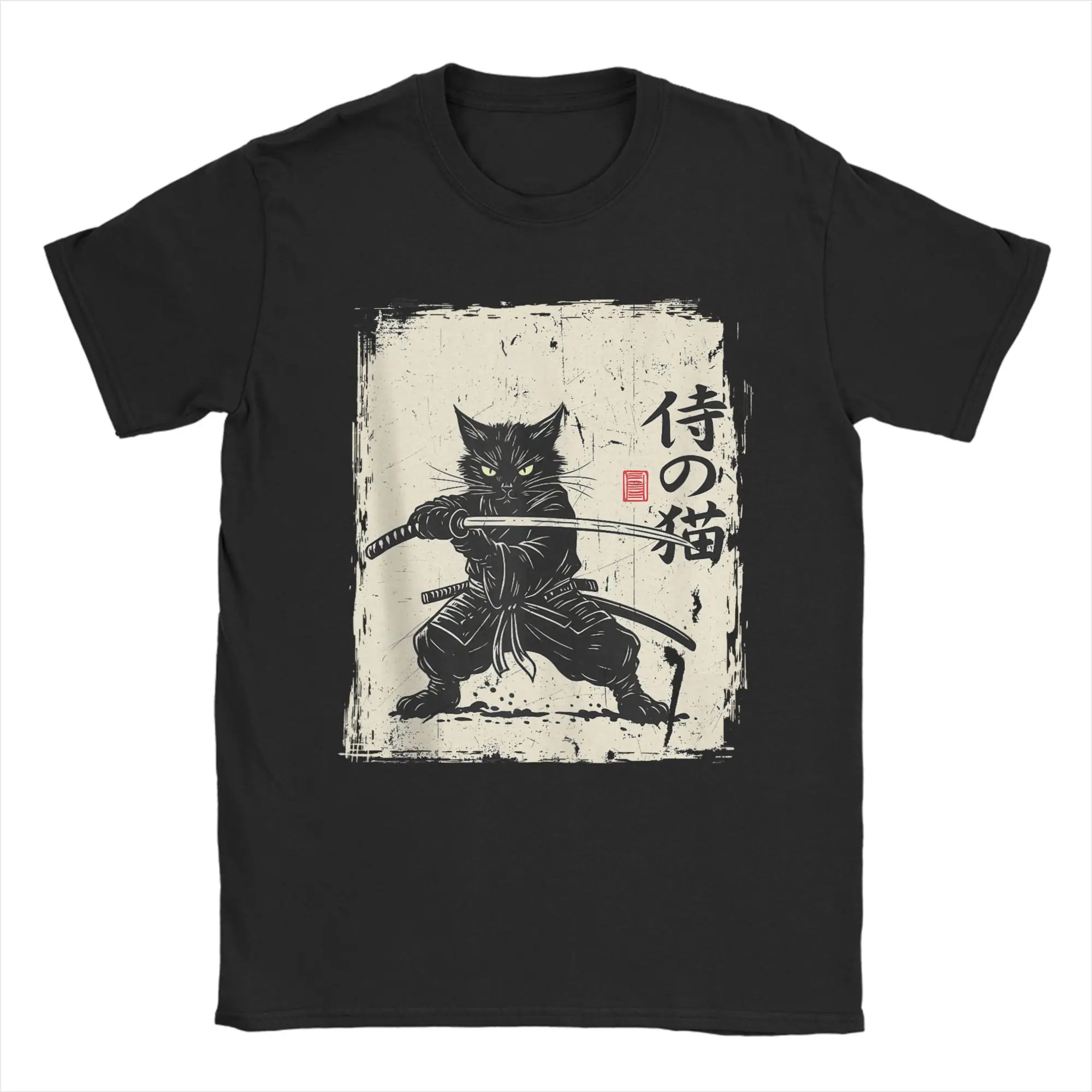 Vintage Anime Cat Japanese Art Funny Samurai Cat T Shirts Men's Cotton ...