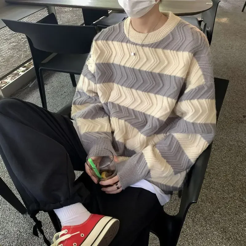 남녀공용 스트라이프 라운드넥 니트 스웨터 재킷, 홍콩 스타일, 가을 겨울 트렌디 이너 웨어, 아우터
