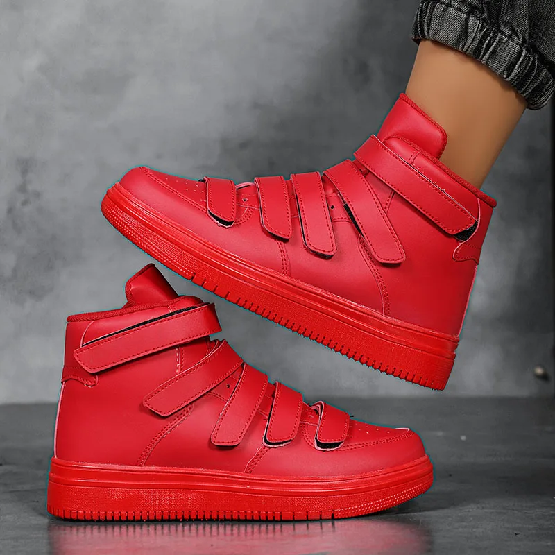 2024 Brand Men High Top Shoes Fashion Red Mens Sneakers Leather Casual Breathable Skateboard Sneakers Men Flat Vulcanized Shoe 2