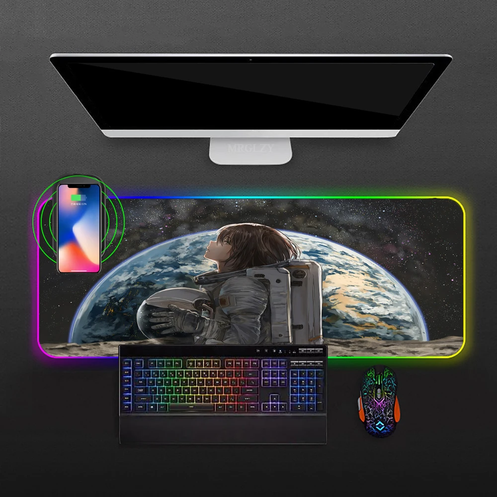 

RGB Wireless Charging Mousepad Astronaut Space Anime Girl Earth Mouse Mats Laptops Gaming Extended Pad Office Setup Mouse Pads