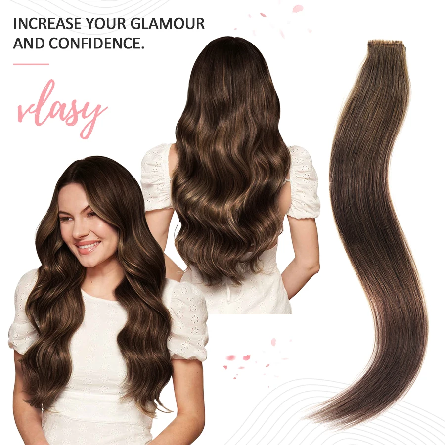 Vlasy Tape in Human Hair Extensions 12" 16" 20" 24" Tape Hair Extension Straight 8/16PCS PU Skin Invisible Adhesive