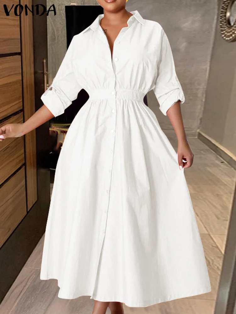 

VONDA элегантное платье-рубашка 2024 модное осеннее однотонное сарафан женское оверсайз с длинным рукавом женское платье повседневное свободное платье