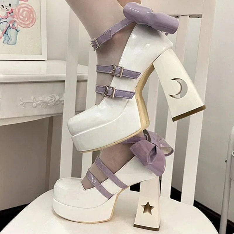 FrooN Women's Platform Sandals – Square Toe High Heel Dress Shoes In Patent Leather, Colors: White, Purple, Pink, Green