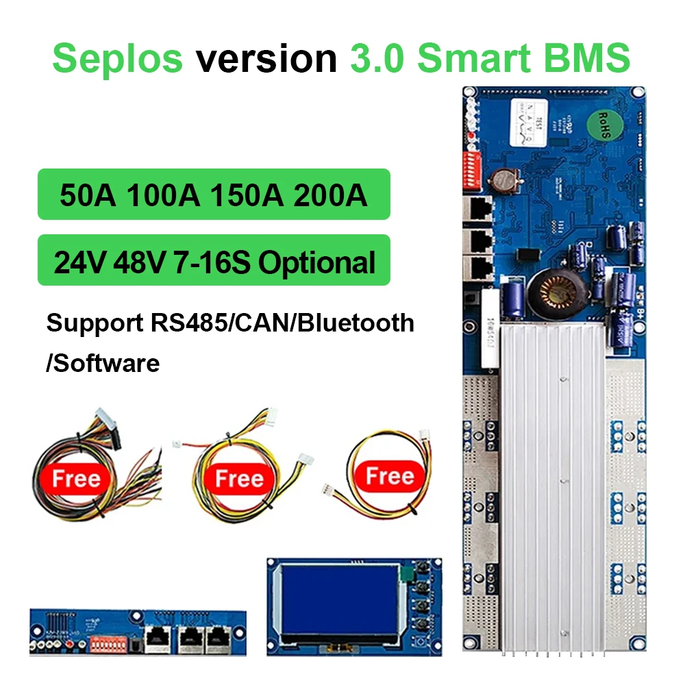 태양 에너지 저장 인버터용 리튬 이온 배터리 팩 BMS, 블루투스, Seplos 16S, 50A, 100A, 150A, 200A, LiFePO4 스마트 BMS, 48V
