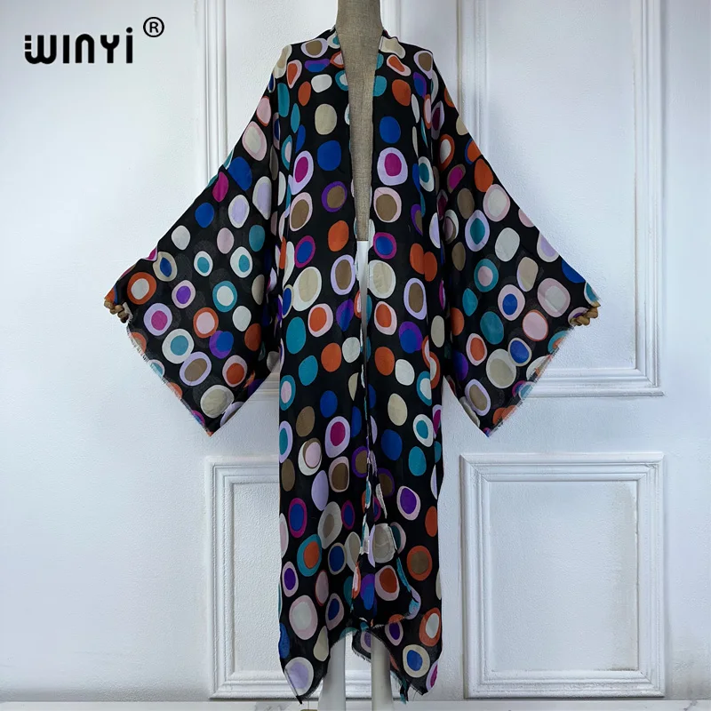 WINYI 아프리카 추상화 프린트 해변 커버 업, 기모노 의상, 맥시 원피스 가디건, 여성 비치웨어, 2024 아바야, 두바이, 럭셔리, 여름