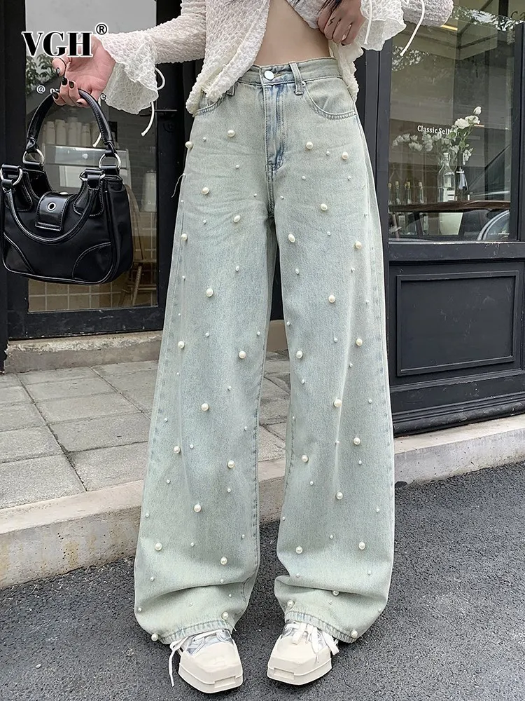 

VGH Spliced Pearls elegant Jeans For Women High Waist Full Length Vintage Casual Wide Leg pants Female Fashion Style Clothing