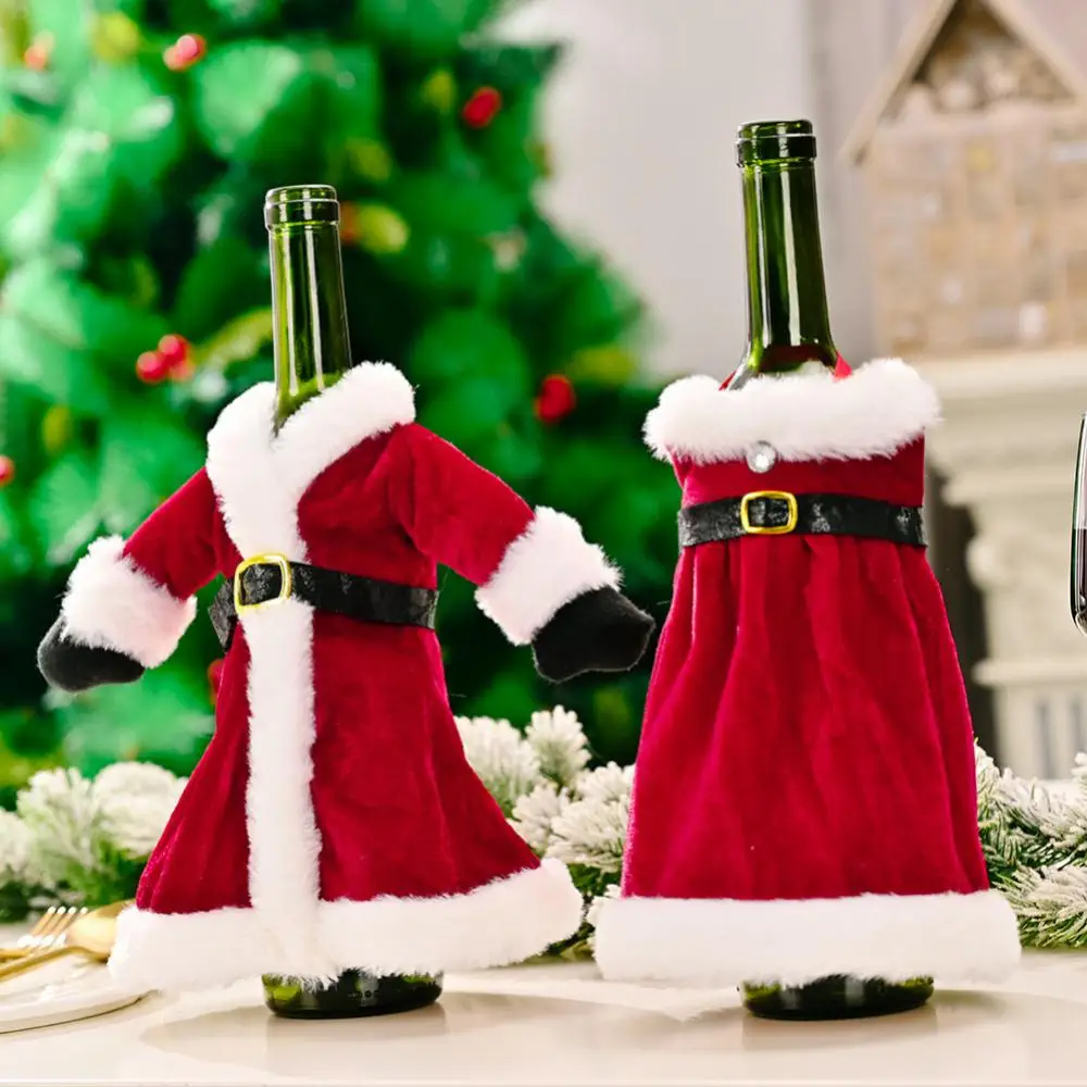 

2 Pcs Christmas Decorative Santa Claus Christmas Skirt Dress Wine Bottle Cover Christmas Table Decoration Wine Bottle Covers