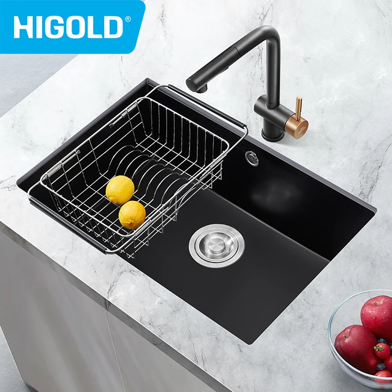 HIGOLD 28 Inch Kitchen Quartz Sink Narrow Sides Large Single Sink Household Undercounter Dishwasher